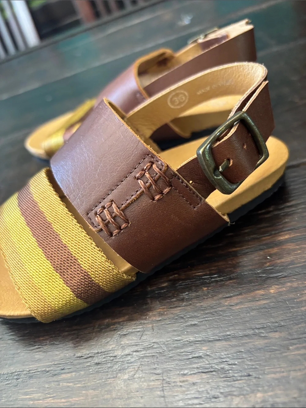 Bonpoint Brown Leather Sandals with Yellow Striped Band